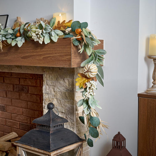 6ft Fall Garland for Mantle with Pumpkins and Lights, Autumn Harvest Decor