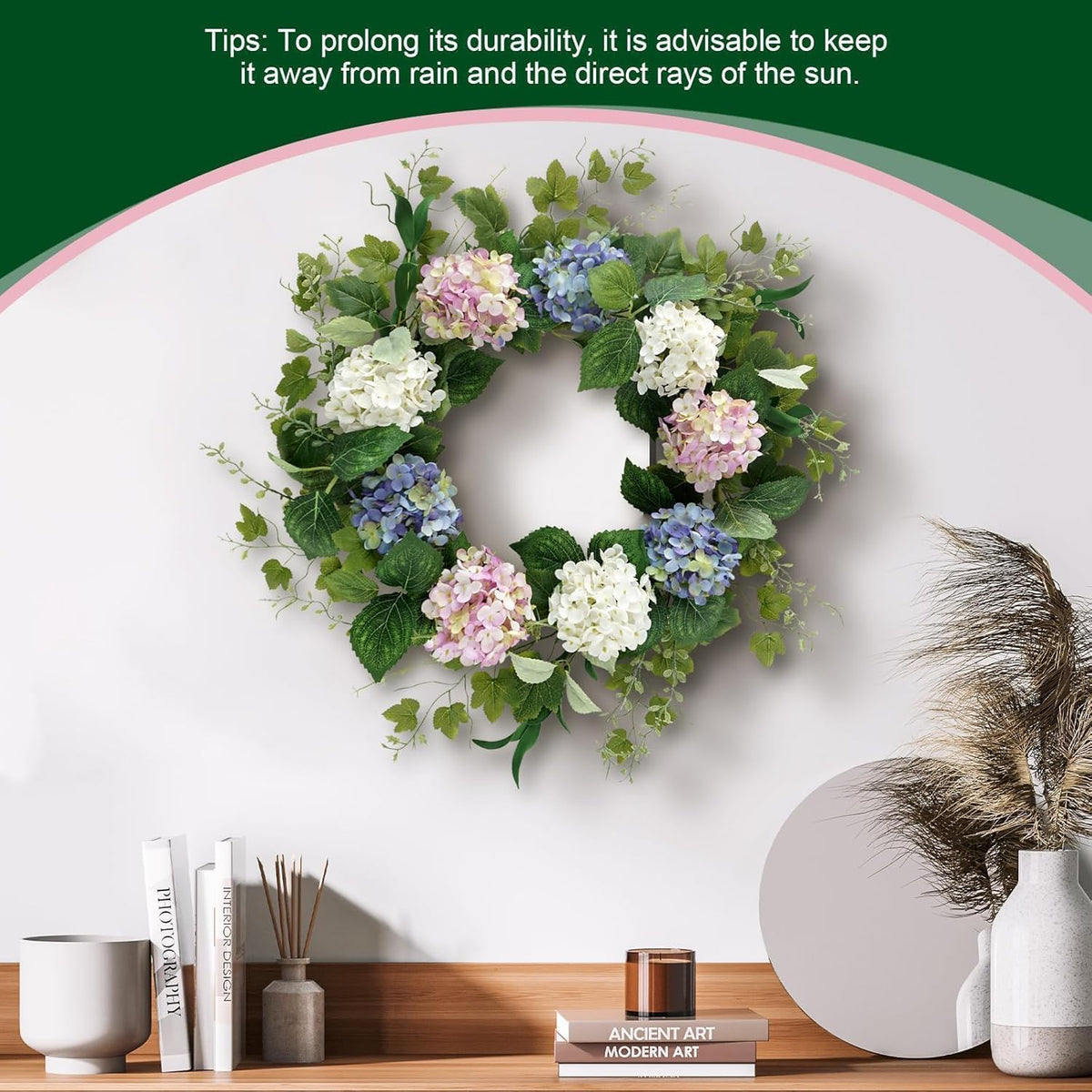 Spring Summer Wreaths for Front Door, 20 Inch Artificial Wreaths with Hydrangea Floral, Floral Wreath for Porch Wall Window Wedding Decor, All Season Wreaths for Home Outdoor Decoration