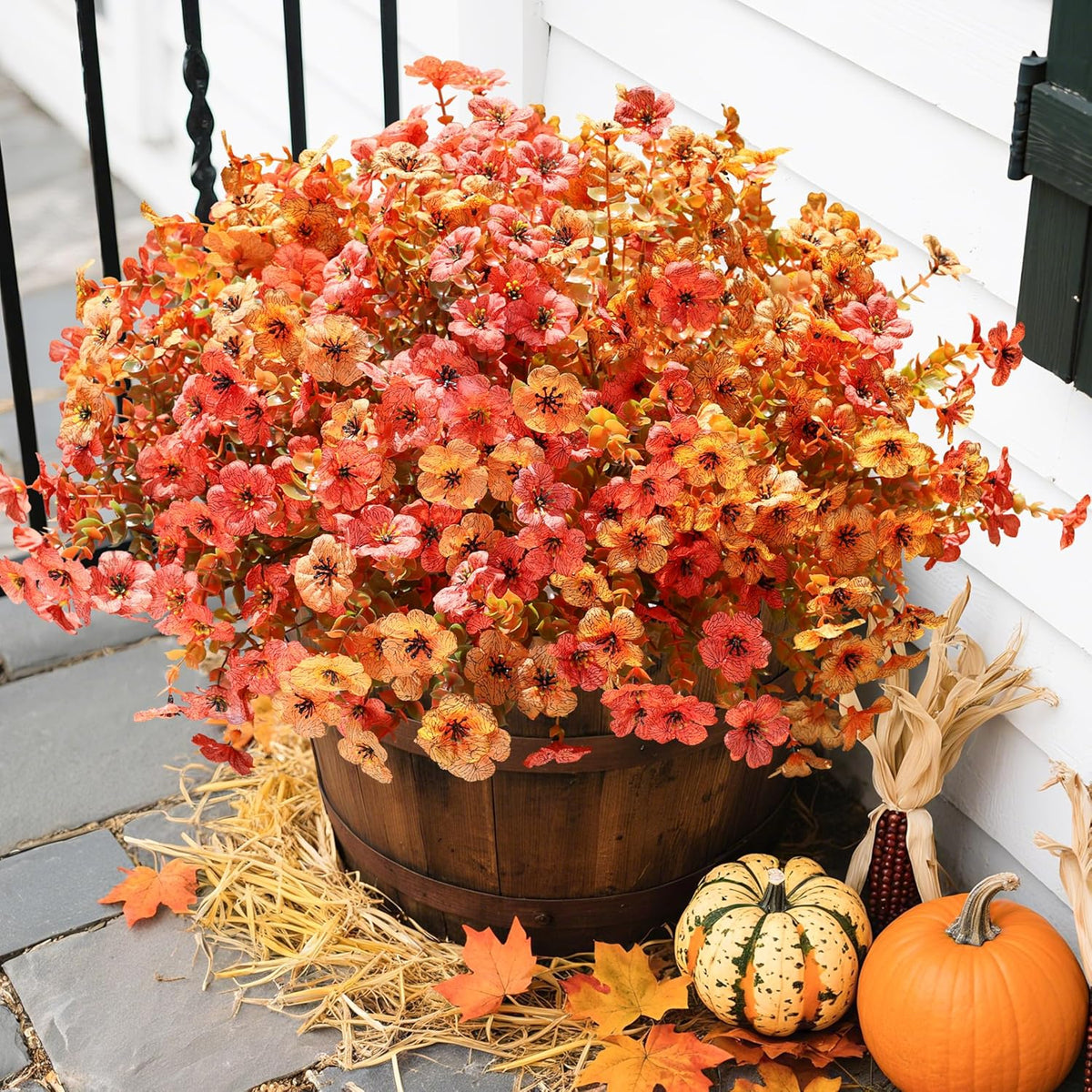 Artificial Fall Flowers Fake Mums for Outdoor Autumn Decoration, 12 Bundles Faux Silk Orange Yellow Mums Daisy Look Real UV Resistant for Outside Home Porch Patio Planter