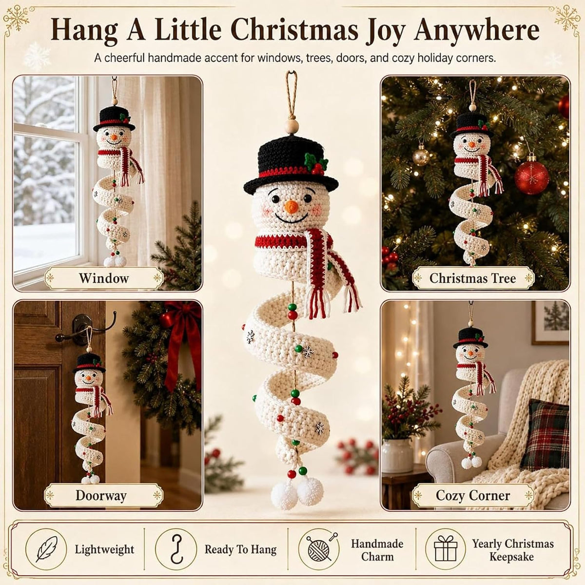 Crochet Snowman Spiral Ornament DIY Kit - Christmas Tree Decoration Craft Set for Beginners