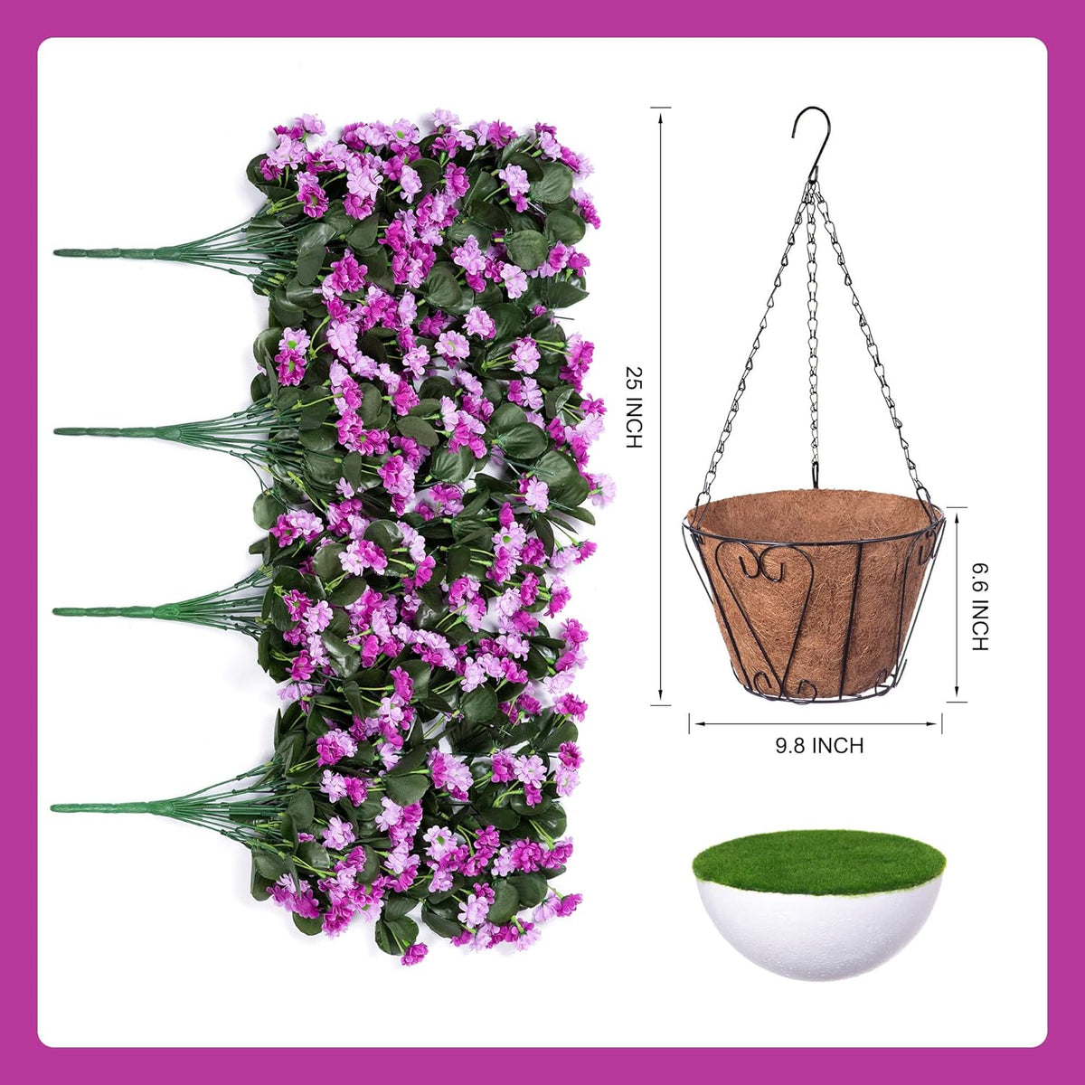 Artificial Flowers in Hanging Basket for Outdoors Spring Decor, Fake Mums Flowers Faux Plants with Basket for Indoors Home Porch Garden Yard Patio Decoration (Purple Pink)
