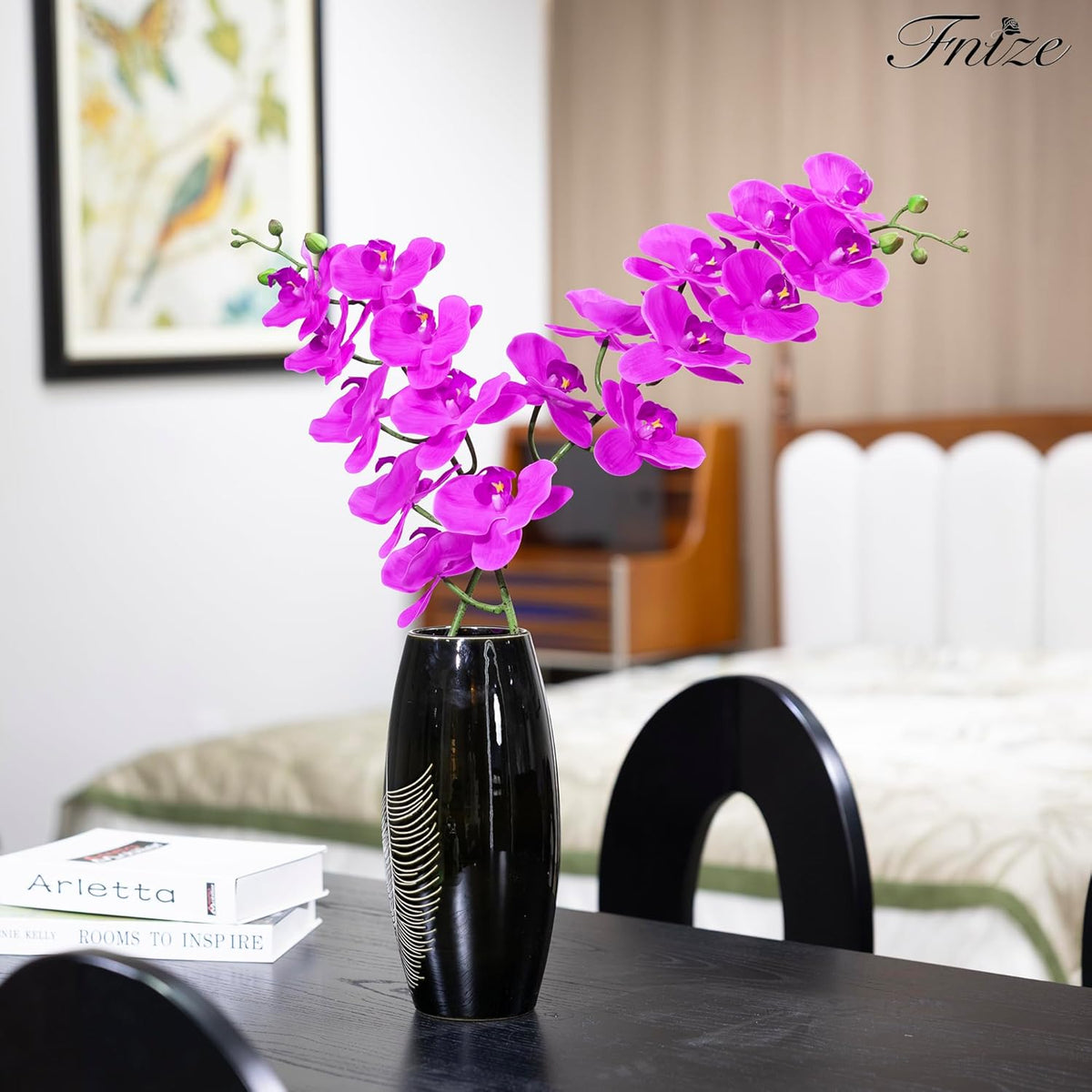 Fnize Artificial Orchid Stems Real Touch Latex Phalaenopsis Branches Faux Cymbidium Flowers 9 Large Petals 38 Inches 2pcs (Rose red)