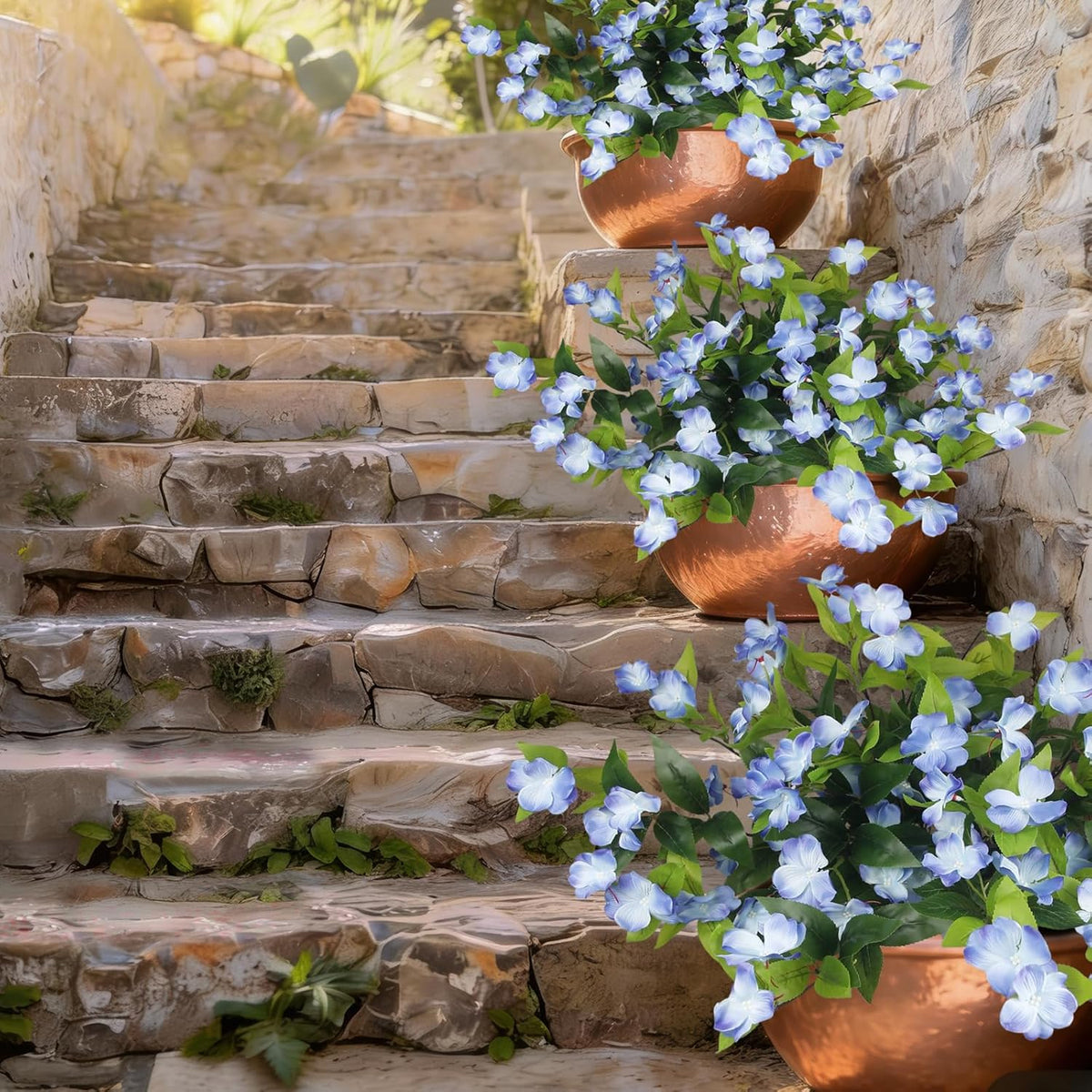Artificial Flowers for Outdoors 2Pcs Faux Impatiens for Outdoor Planters UV Resistant Blue Silk Flowers Outside Artificial Impatiens Plants Bushes for Front Porch Patio Garden Pot Balcony Decor
