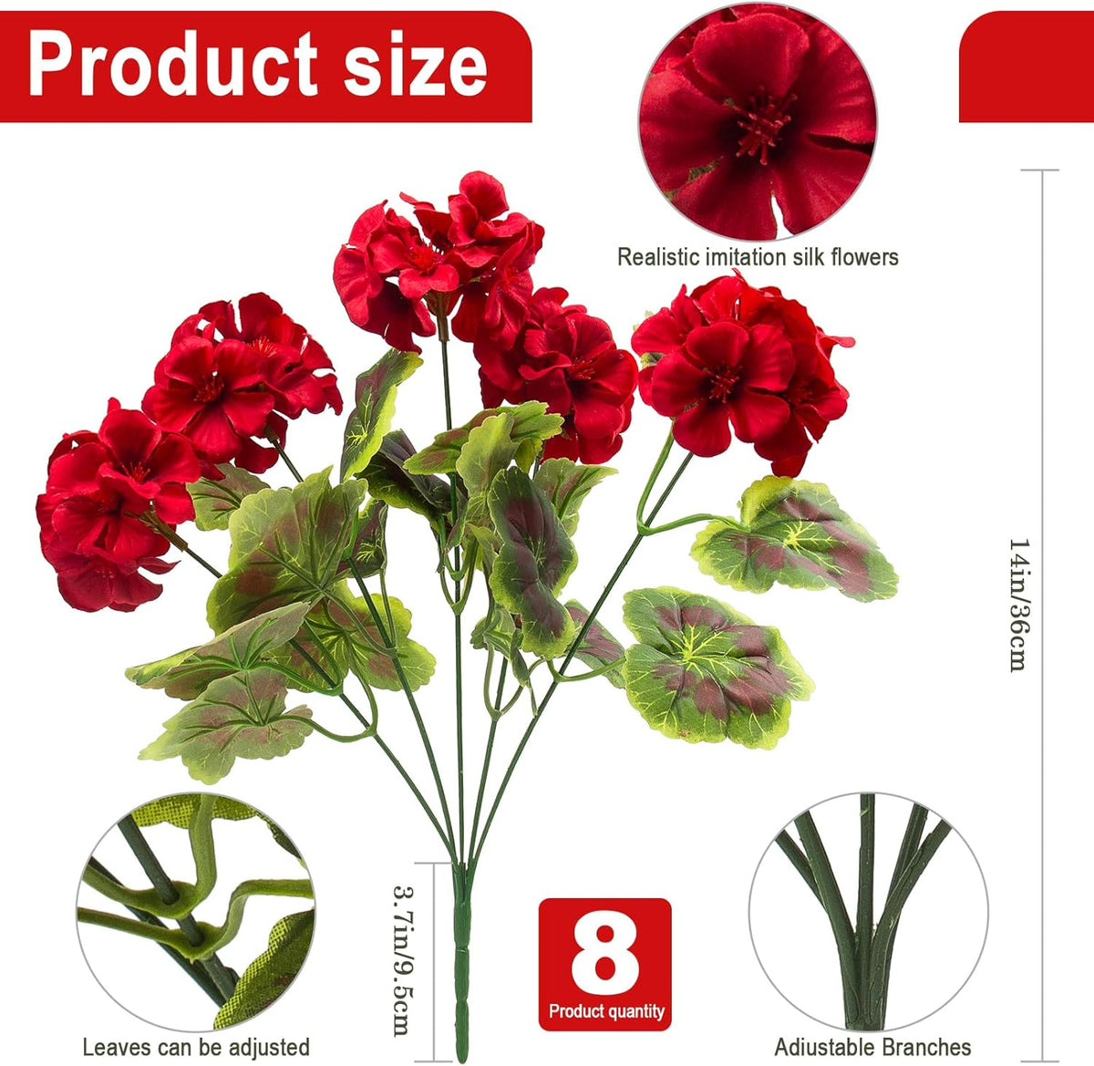 lovemoon 8 Pcs Artificial Geranium Plant Realistic Silk Flowers for Outside UV Resistant Faux Geraniums Flowers for Indoor Outdoor Home Garden Office Decoration (8, Red)