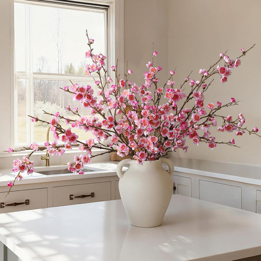 6 PCS Artificial Cherry Blossom Branches Spring Indoor Decoration, Faux Flowers 34.45" Long Stems Plum Fake Peach Plants Real Touch Silk for Wedding Home Bedroom Party Table Office, Pink