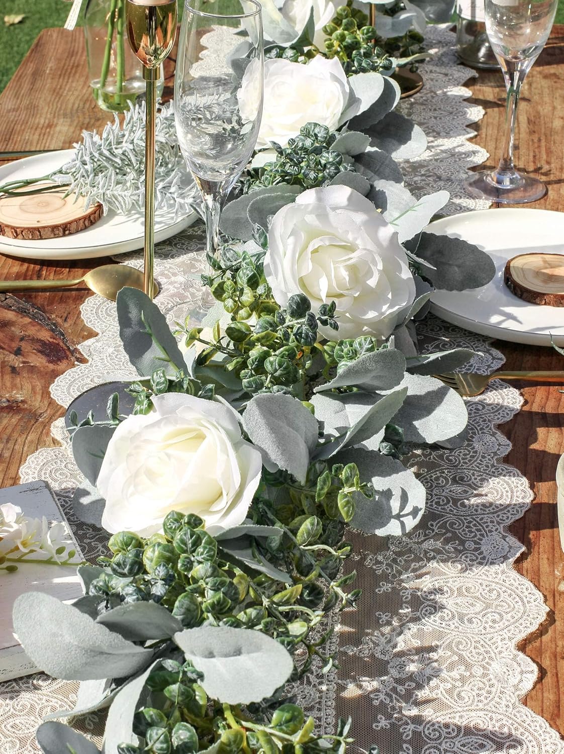 Miracliy 6 Ft Eucalyptus Garland with Flowers, Lambs Ear Greenery White Roses Flower Garland Fake Vines for Wedding Boho Table Mantle Backdrop Party Farmhouse Home Decor