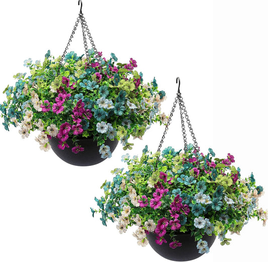 2 Sets Artificial Hanging Plants Flowers with Basket for Outdoors,30 Bundles UV Resistant Fake Plants Spring Summer Decoration Faux Silk Eucalyptus Garden Patio Yard Front Porch Balcony Arrangement