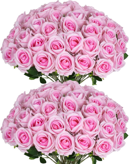 50 PCS Fake Pink Roses, Artificial Flowers Bulk Realistic Silk Faux Rose with Stems for Wedding Decoration Bridal Bouquet Birthday Celebrations DIY Floral Arrangement Home Decor