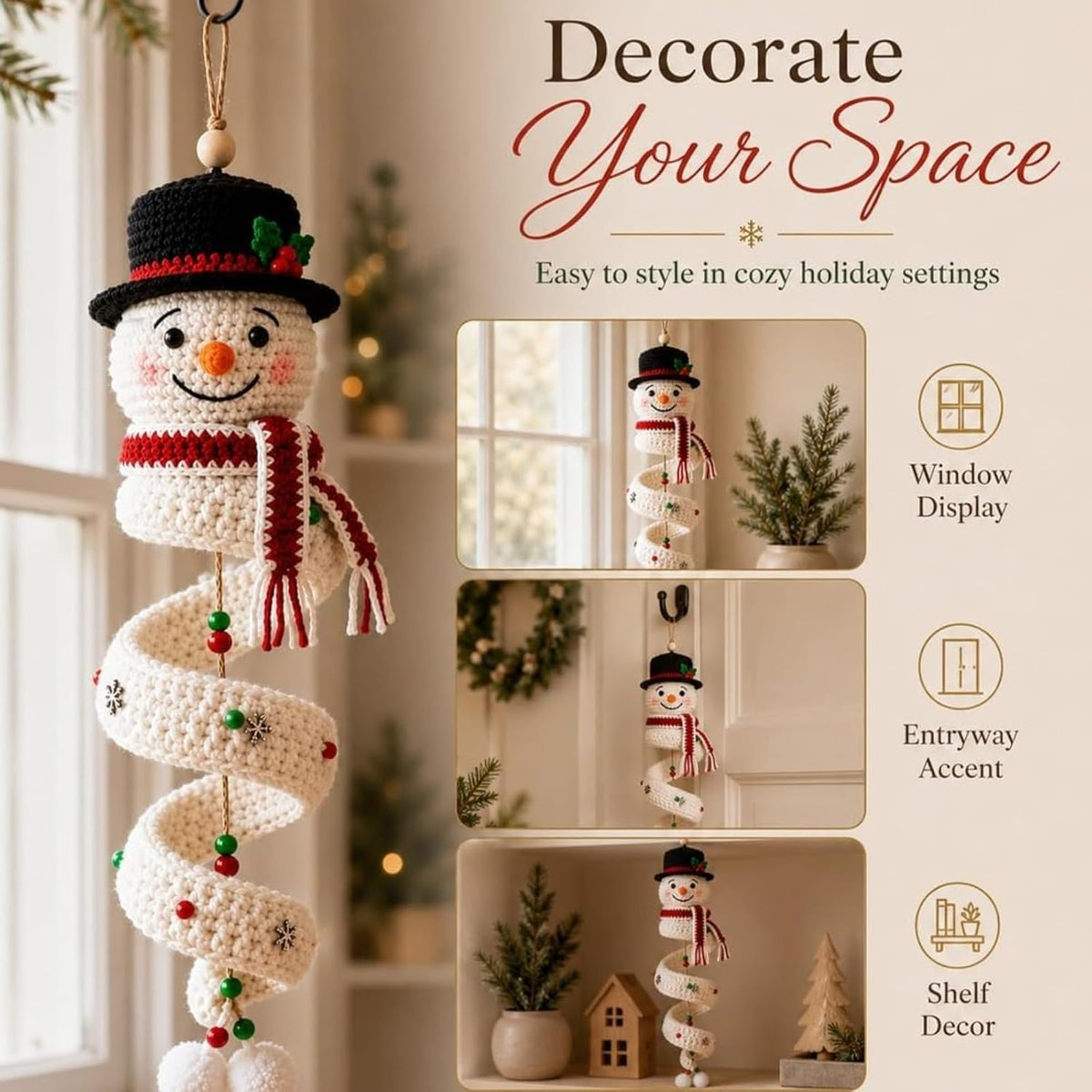 Crochet Snowman Spiral Ornament DIY Kit - Christmas Tree Decoration Craft Set for Beginners