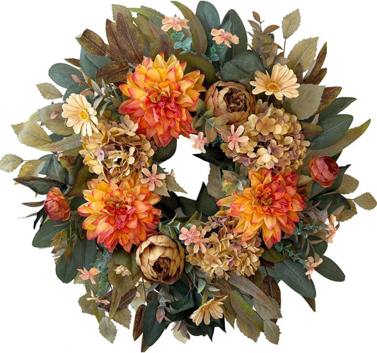 24in Fall Front Door Wreath with Dahlia, Hydrangea, and Peony - Autumn Table Decor