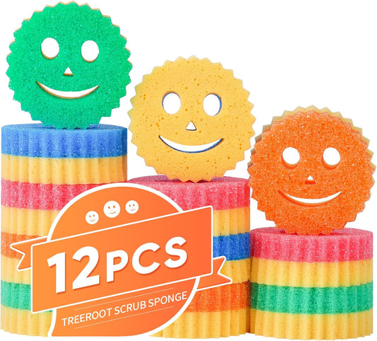 12-Pack Colorful Smile Scrub Sponges - Temperature Controlled Double-Sided Kitchen Cleaning Tools