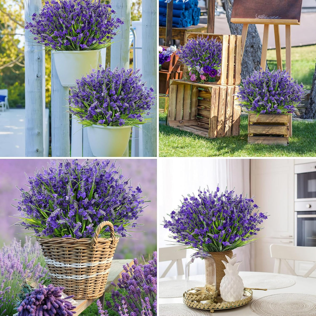 20 Bundles Artificial Lavender Flowers for Outdoors Fake Silk Flowers Faux Plants UV Resistant for Indoor Outside Spring Porch Garden Window Table Box Office Home Decorations, Deep Purple