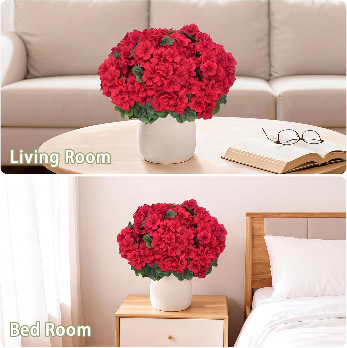 8 Pcs Artificial Geraniums Flowers for Outdoor Spring Summer Decor - UV-Resistant & Realistic Silk Faux Plants for Garden Porch Patio Yard Balcony Home Kitchen Table Centerpieces Decoration,Red