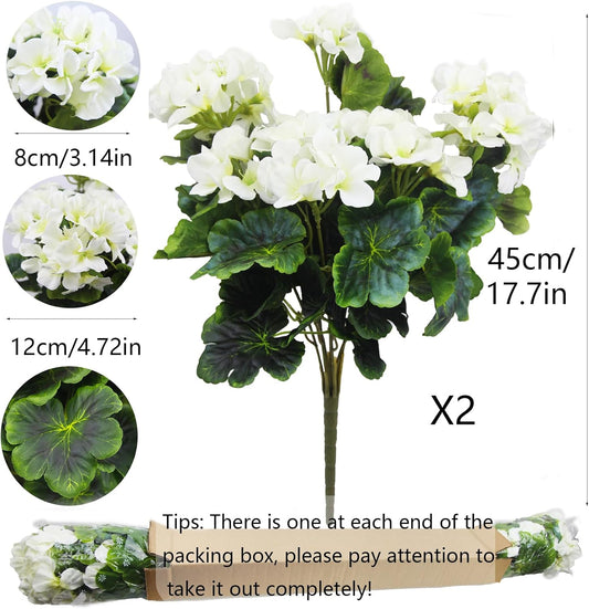 2 Pcs Artificial Geraniums for Outdoor Silk Geranium Flowers White Artificial Geranium Bush Faux Flowers Geraniums Branch for Garden Patio Grave Cemetary Vase Table Centerpiece Indoor Decor