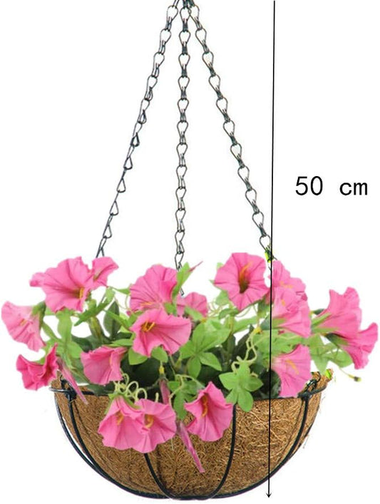Hanging Basket Artificial Flowers Morning Glory for Balcony Outdoor Decoration, Rose Red (Big Basket and Artificial Flowers)