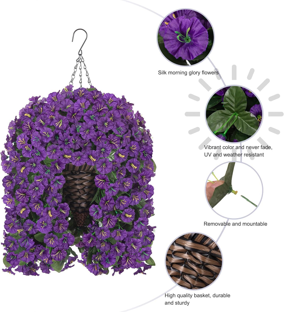 HyeFlora Artificial Faux Hanging Flowers Plants Basket for Outdoor Outside Porch Decoration, UV Resistant Fake Silk Purple Morning Glory Trailing Vines Realistic for Summer Home Balcony Yard Patio