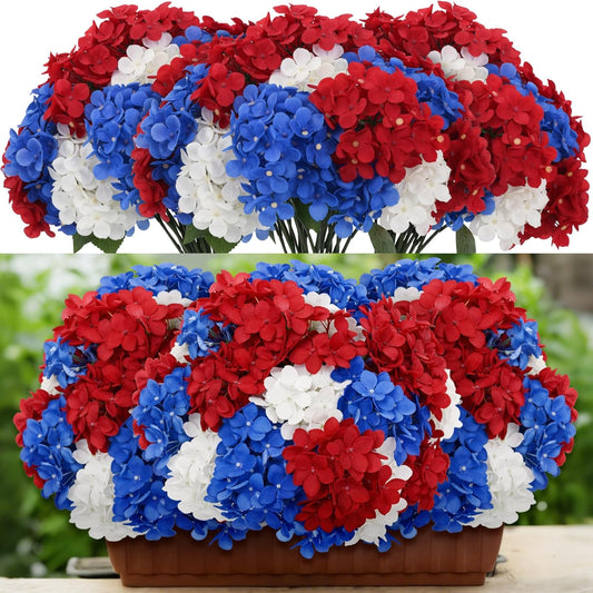 Blue Red and White 6 Bundles Hydrangea Artificial Flowers Bulk 30 Heads 20'' Faux Fake Hydrangea for Spring Easter Decor Porch Indoor Outdoor Home Garden Wedding Table Centerpieces