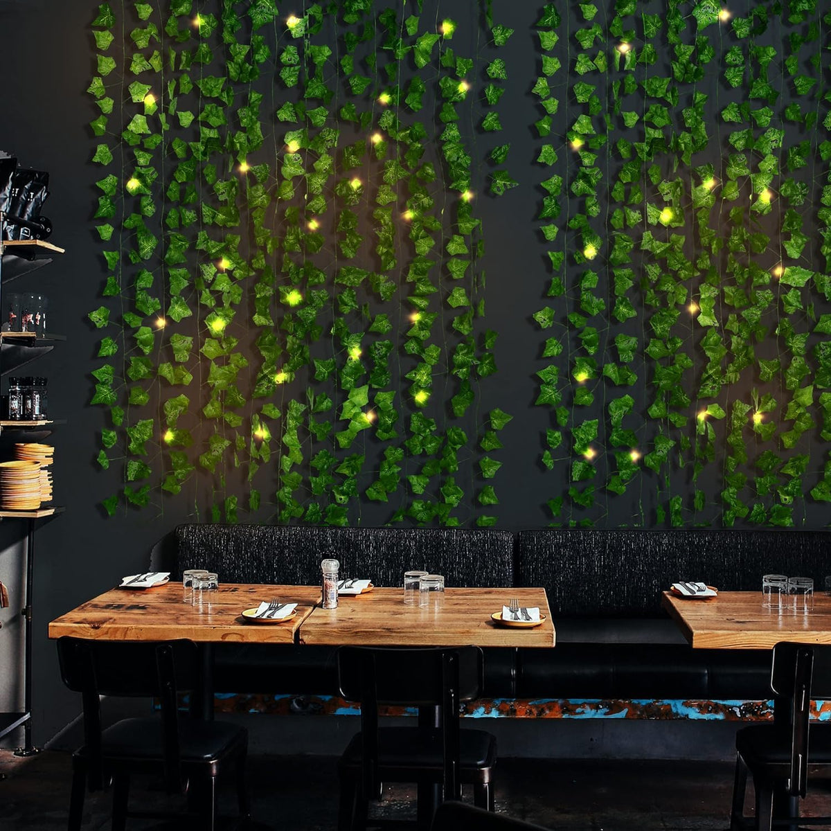Sggvecsy 6 Pack 42Ft Artificial Ivy Leaf Plants with LED String Lights Fake Ivy Leaves Artificial Ivy Garland Greenery Hanging Plants Vines for Wedding Wall Party Home Room Kitchen Garden Decor