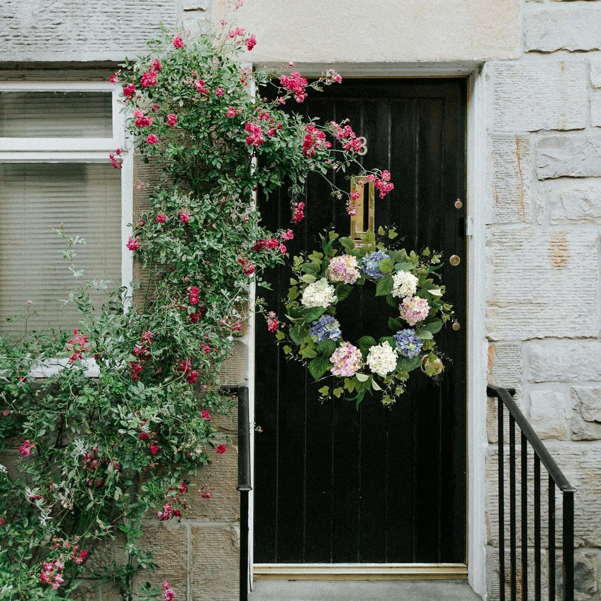 Spring Summer Wreaths for Front Door, 20 Inch Artificial Wreaths with Hydrangea Floral, Floral Wreath for Porch Wall Window Wedding Decor, All Season Wreaths for Home Outdoor Decoration