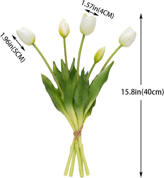 15pcs Artificial Tulips Flowers,Latex Bouquet, Fake Tulips for Office Wedding Party Home Kitchen Garden Decoration(White,15pcs)