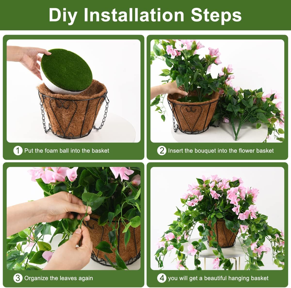 Homsunny Artificial Hanging Flowers Plants Basket for Outdoor Decoration,4 PCS Faux Silk Bougainvillea Vine Flowers Look Real UV Resistant for Outside Porch Patio Yard Garden Decor(Pink