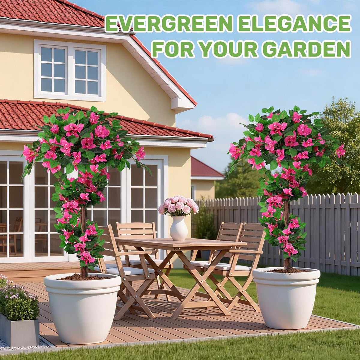 2Pack 4FT Artificial Bougainvillea Topiary Trees for Outdoor, Fake Silk Flowers Plants Bushes with Ground Spike, Faux UV Resistant Shurbs Trees for Outside,Front Porch,Patio,Balcony Decor