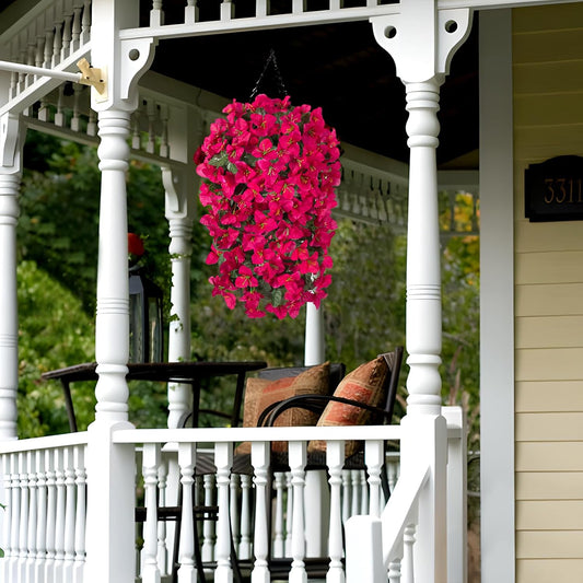 2 pcs Artificial Faux Bougainvillea Flowers Plants for Outdoor Outside Summer Decoration, Fake Silk UV Resistant Long Trailing Vines for Front Door Porch Planter Balcony (Purple Rose Red)