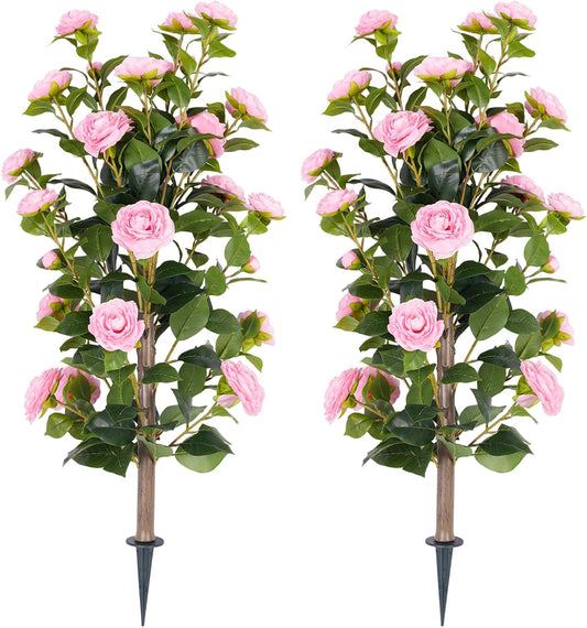 3FT UV Resistant Artificial Camellia Flowers with Ground Spike, Lifelike Faux Blooms (2 Pack Pink)