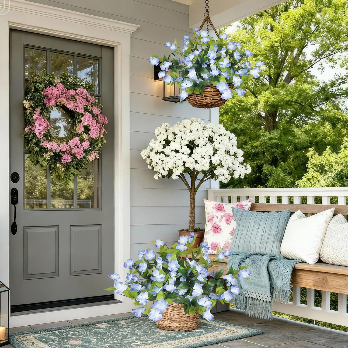 Artificial Flowers for Outdoors 2Pcs Faux Impatiens for Outdoor Planters UV Resistant Blue Silk Flowers Outside Artificial Impatiens Plants Bushes for Front Porch Patio Garden Pot Balcony Decor