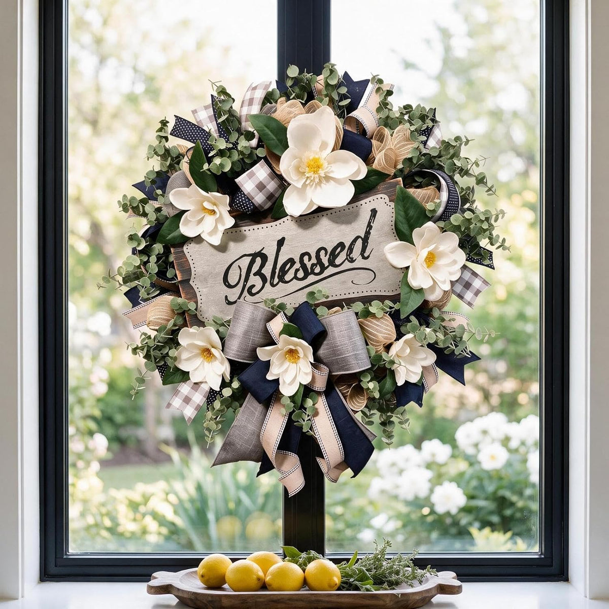 Spring Summer Wreath for Front Door, Farmhouse White Floral Porch Decor with Blessed Plaque