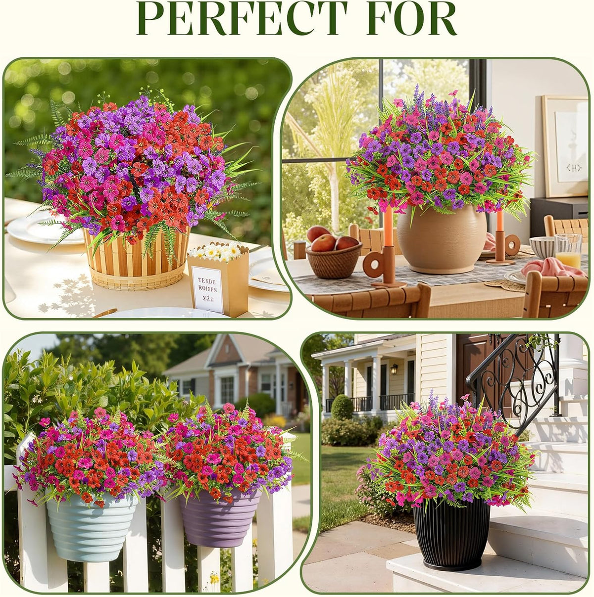 Alupssuc 24 Bundles Artificial Flowers for Outdoors Spring Decoration, UV Resistant Faux Eucalyptus Violet and Lavender Silk Fake Plants for Outside Indoor Yard Home Patio Decor, Red Rose Purple