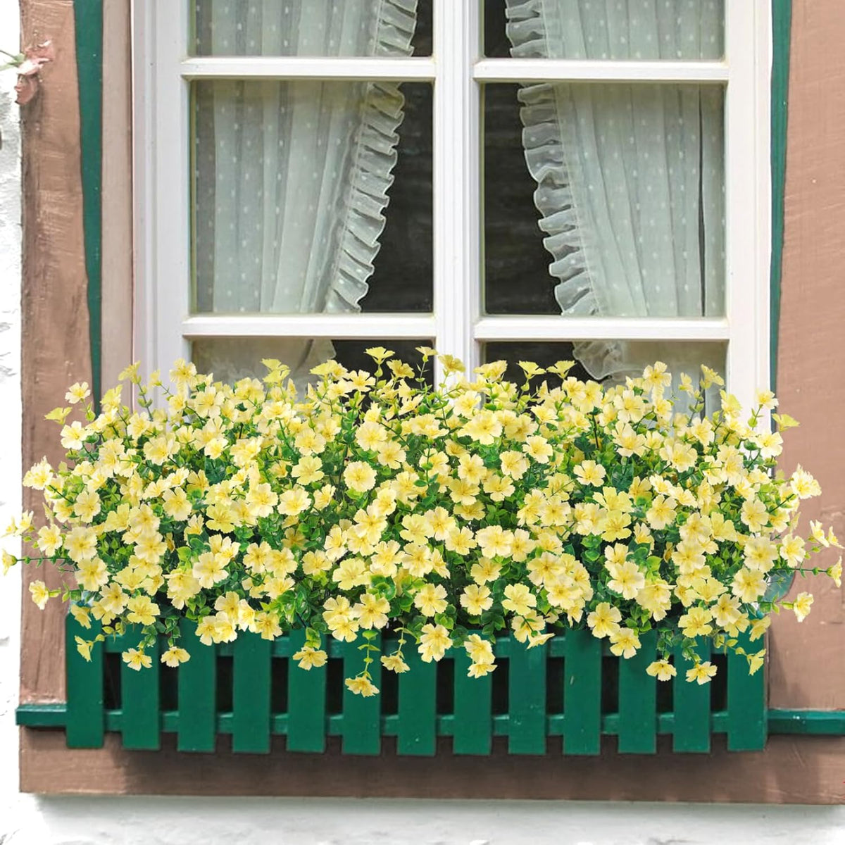 Ouddy Decor 24 Bundles Artificial Silk Flowers for Outdoors, Fake Plants Faux Greenery for Indoor Outside Garden Porch Window Hanging Planter Office Table Home Decor, Yellow