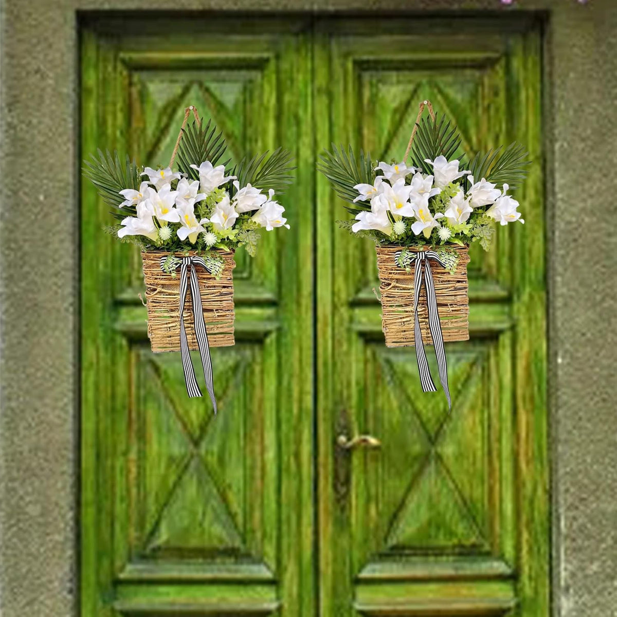 Artificial Flowers Basket, Hanging Door Basket, Artificial Hanging Baskets with Flower, Basket Wreath for Outdoor Indoor Wall Door