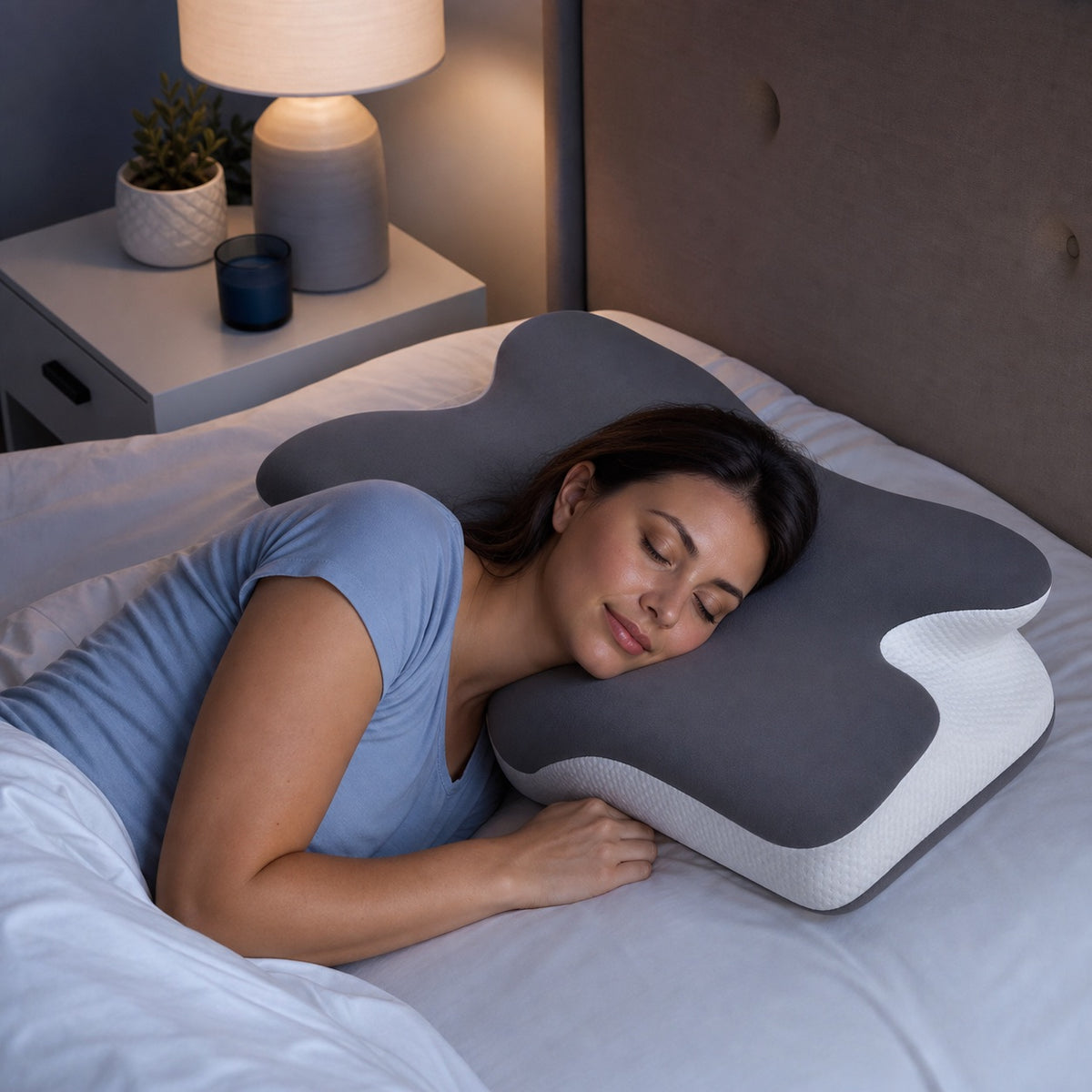 Side sleeper using the contour pillow for neck support