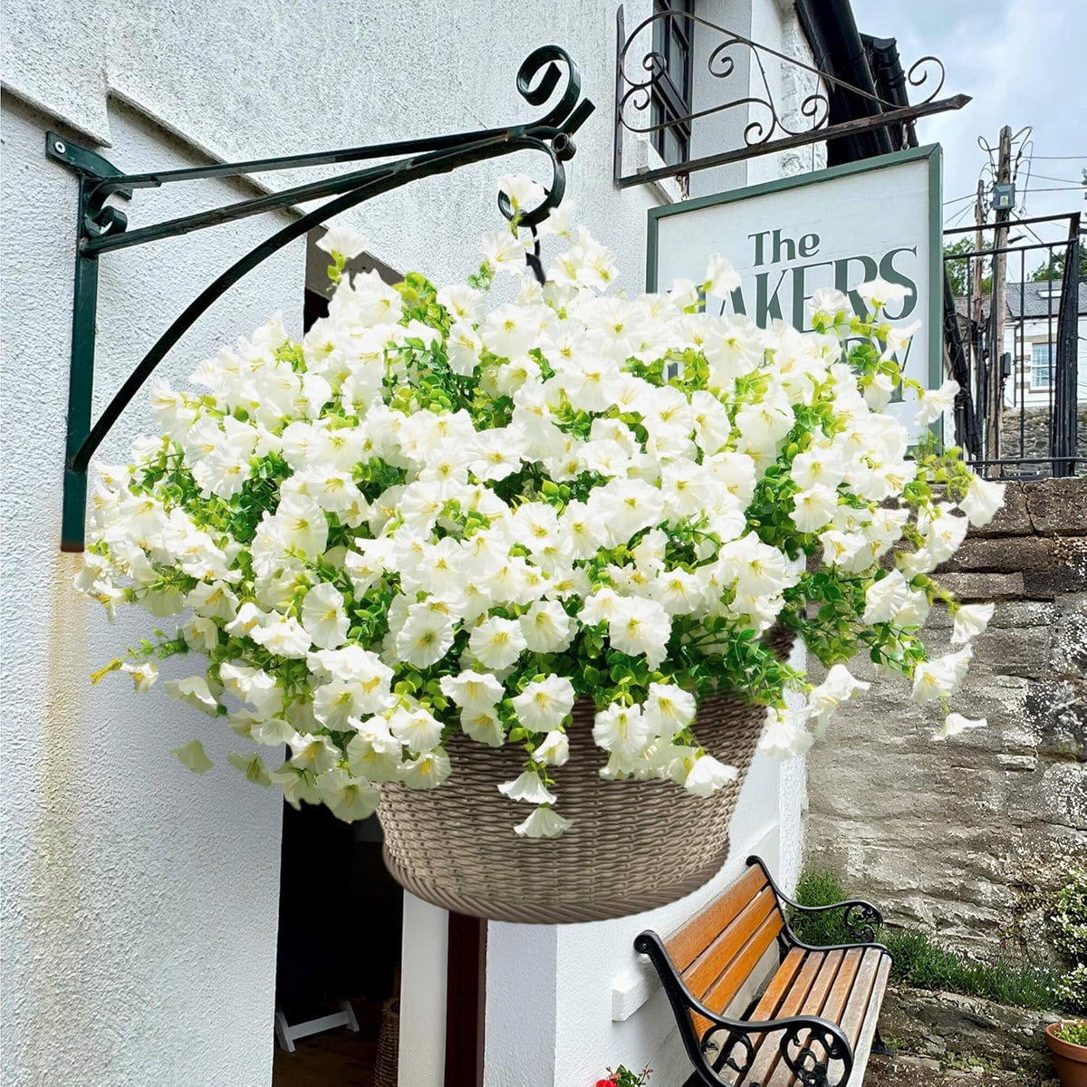 Artificial Fake Flowers For Outdoor Outside Decoration,16 Bundles UV Resistant Faux Plastic White Flowers with Green Eucalyptus Stem Plants Bulk Look Real for Home Porch yard Patio Planters (White)