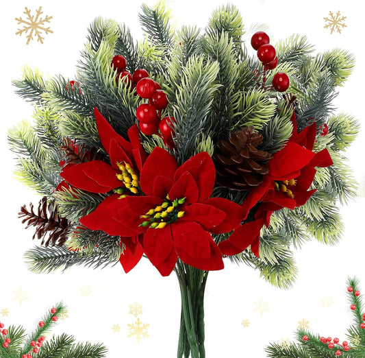 Refined Artificial Poinsettia Bouquet Pine Holiday Decor Display