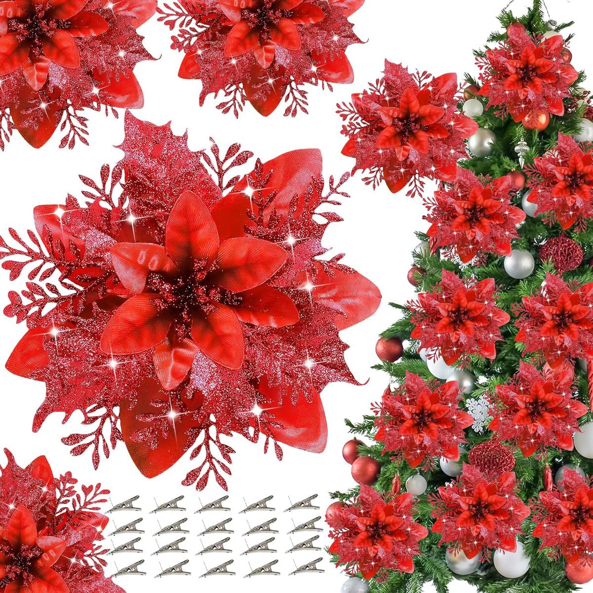Botanical Red Glitter Poinsettia Christmas Holiday Decor Bundle