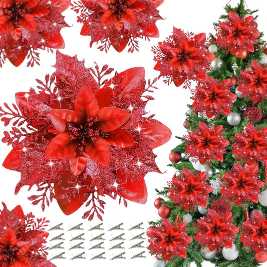 Botanical Red Glitter Poinsettia Christmas Holiday Decor Bundle