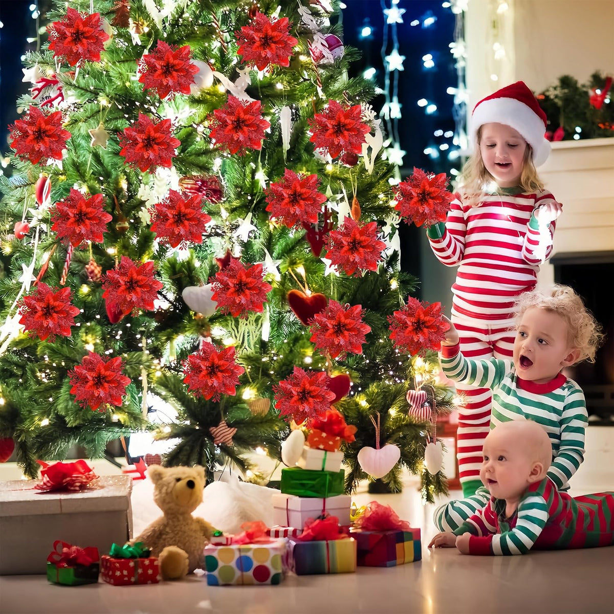 Botanical Red Glitter Poinsettia Christmas Holiday Decor Bundle