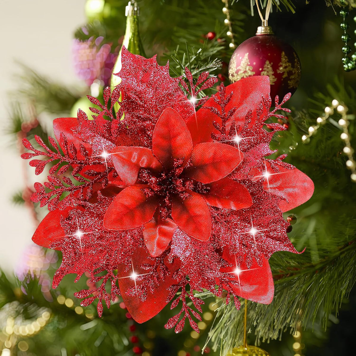 Botanical Red Glitter Poinsettia Christmas Holiday Decor Bundle