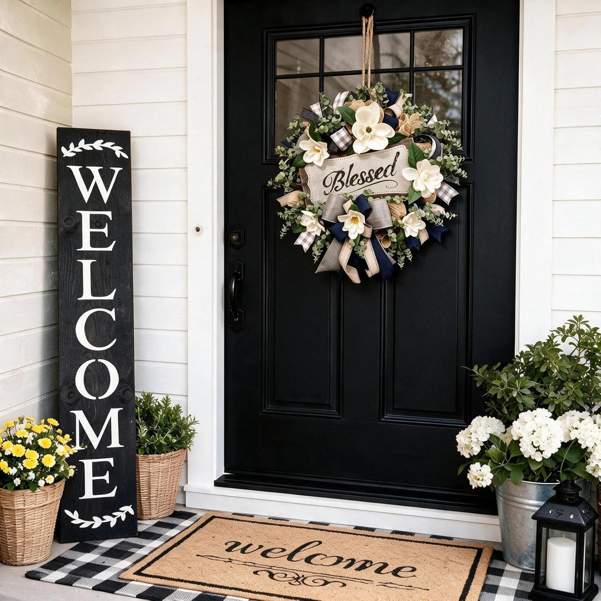 Spring Summer Wreath for Front Door, Farmhouse White Floral Porch Decor with Blessed Plaque