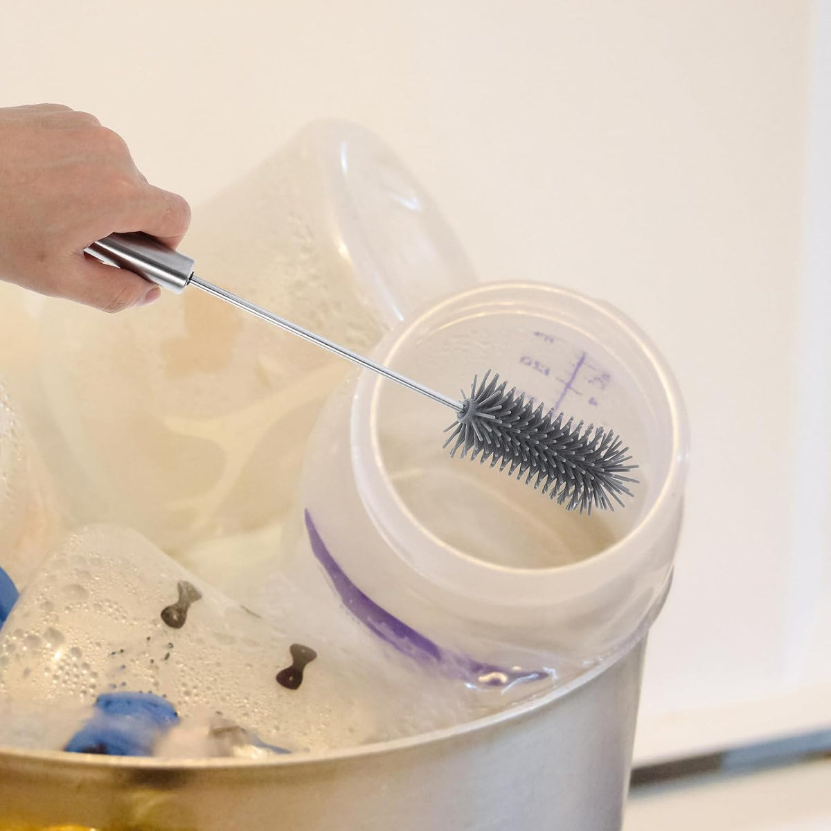 Semi Automatic Rotating Bottle Cleaning Brush with Long Handle Silicone Scrubber