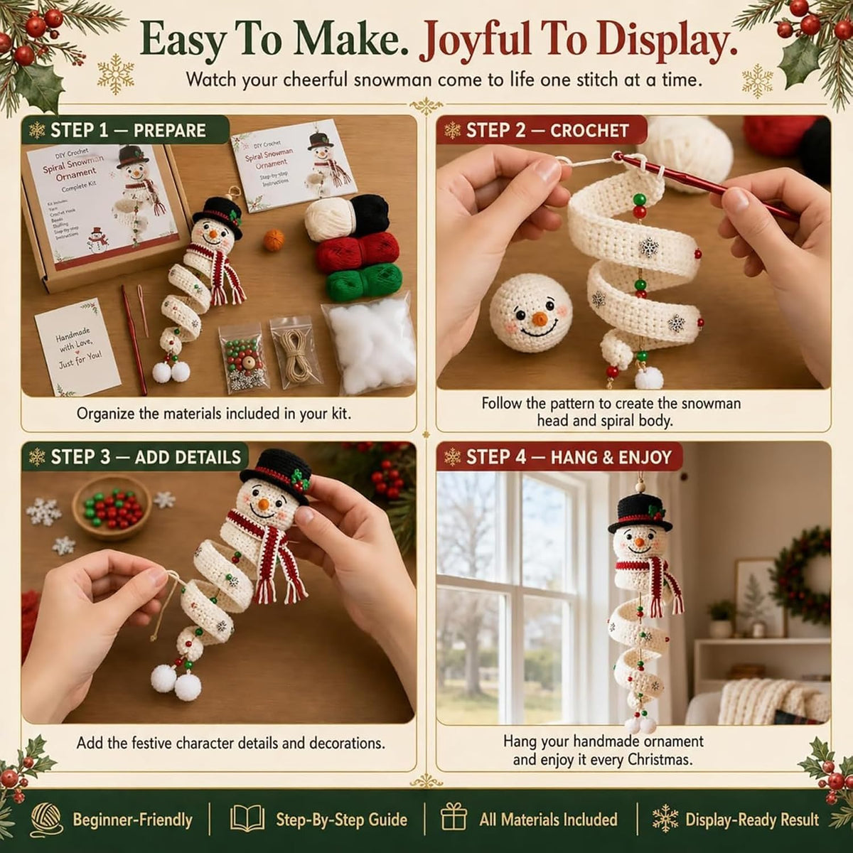 Crochet Snowman Spiral Ornament DIY Kit - Christmas Tree Decoration Craft Set for Beginners