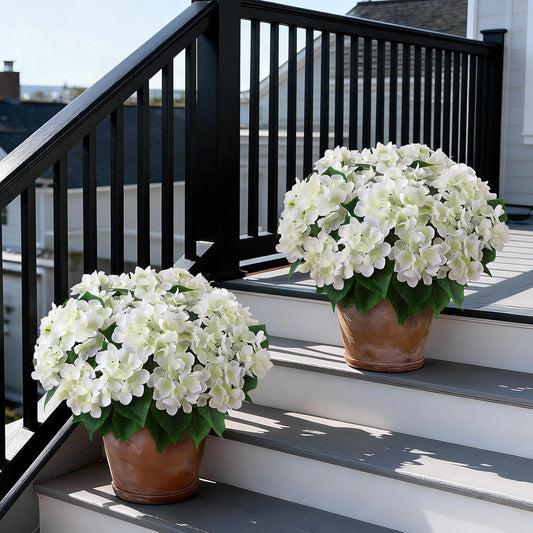 Artificial Hydrangea Flower Topiary Trees - 2 Sets Faux Silk Flower Potted Plant, UV Resistant Fake Outdoor Hydrangea Bush for Front Door, Farmhouse,Garden, Porch Decor (White)