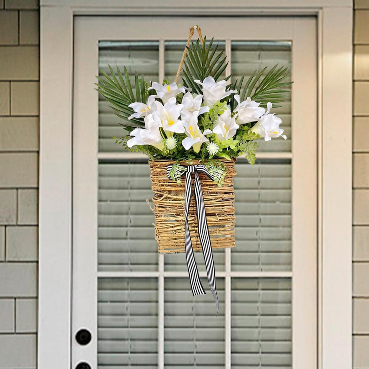 Artificial Flowers Basket, Hanging Door Basket, Artificial Hanging Baskets with Flower, Basket Wreath for Outdoor Indoor Wall Door