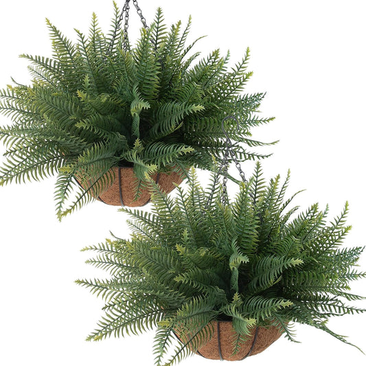 Fake Ferns Hanging Baskets,2PCS Artificial Hanging Plants Outdoor, 2 Hanging Planters with 24 Pcs Fake Ferns for Indoor Outside Decorations for Front Porch Garden Balcony Patio Home Decor (2, Green)