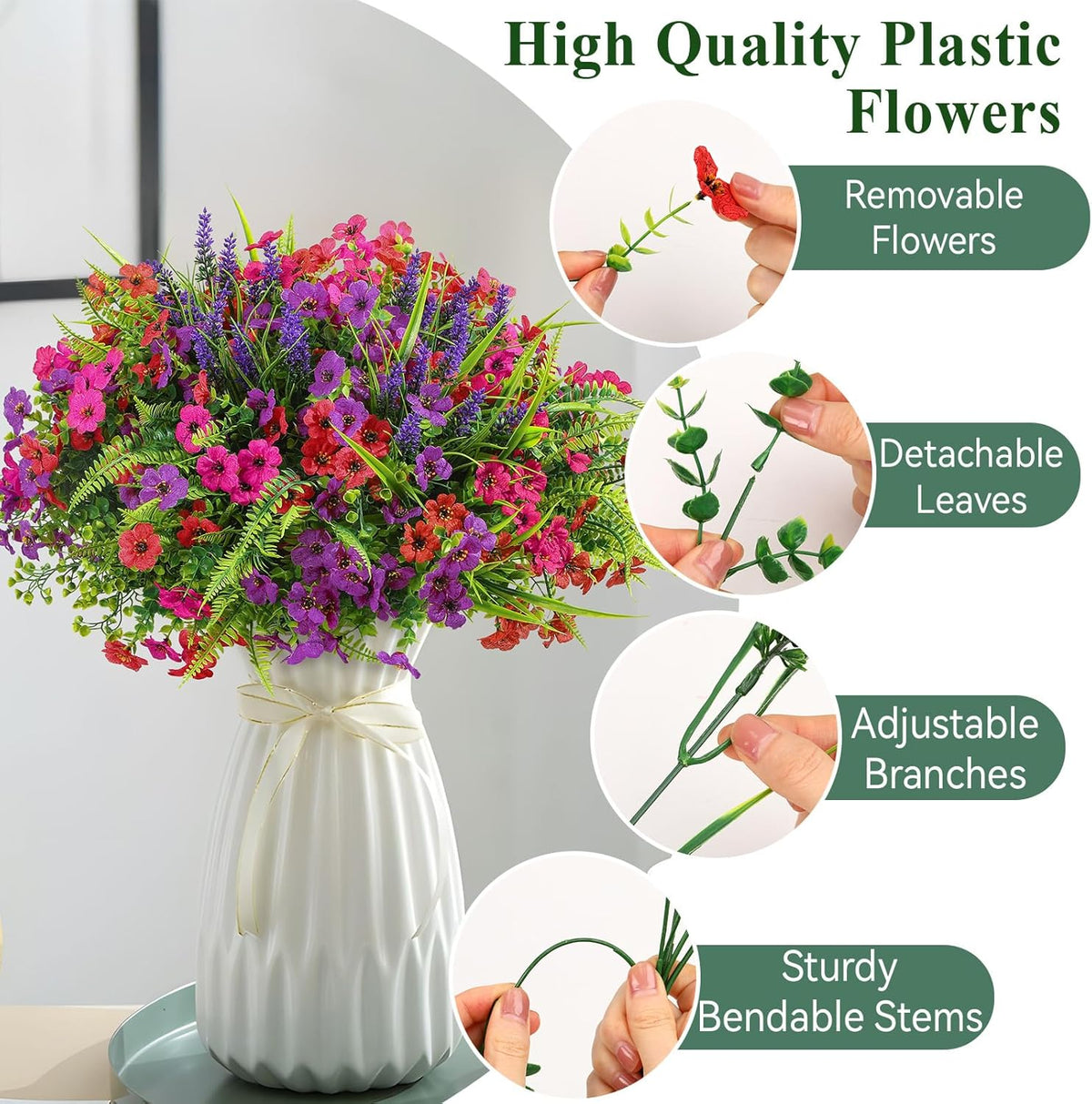 Alupssuc 24 Bundles Artificial Flowers for Outdoors Spring Decoration, UV Resistant Faux Eucalyptus Violet and Lavender Silk Fake Plants for Outside Indoor Yard Home Patio Decor, Red Rose Purple