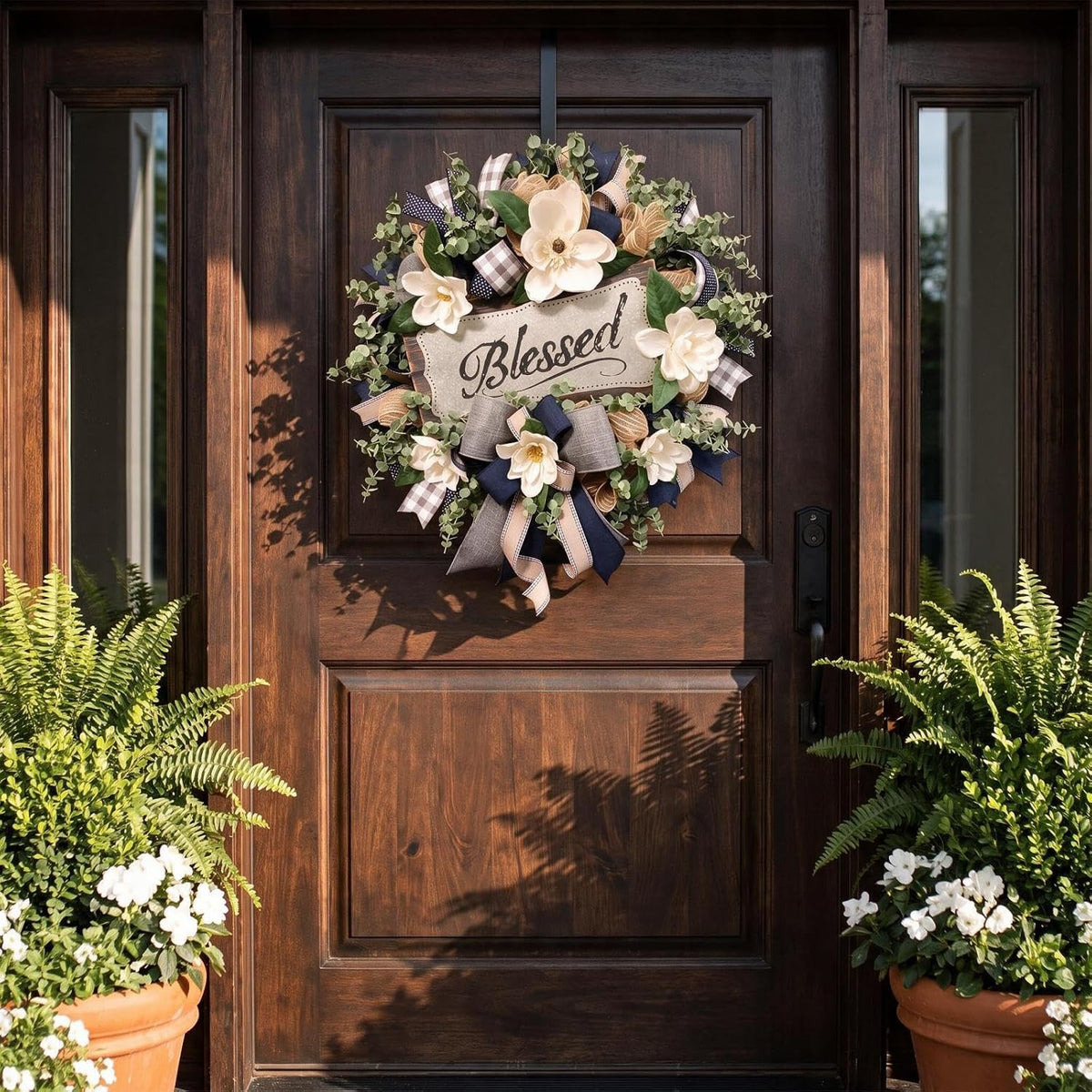 Spring Summer Wreath for Front Door, Farmhouse White Floral Porch Decor with Blessed Plaque