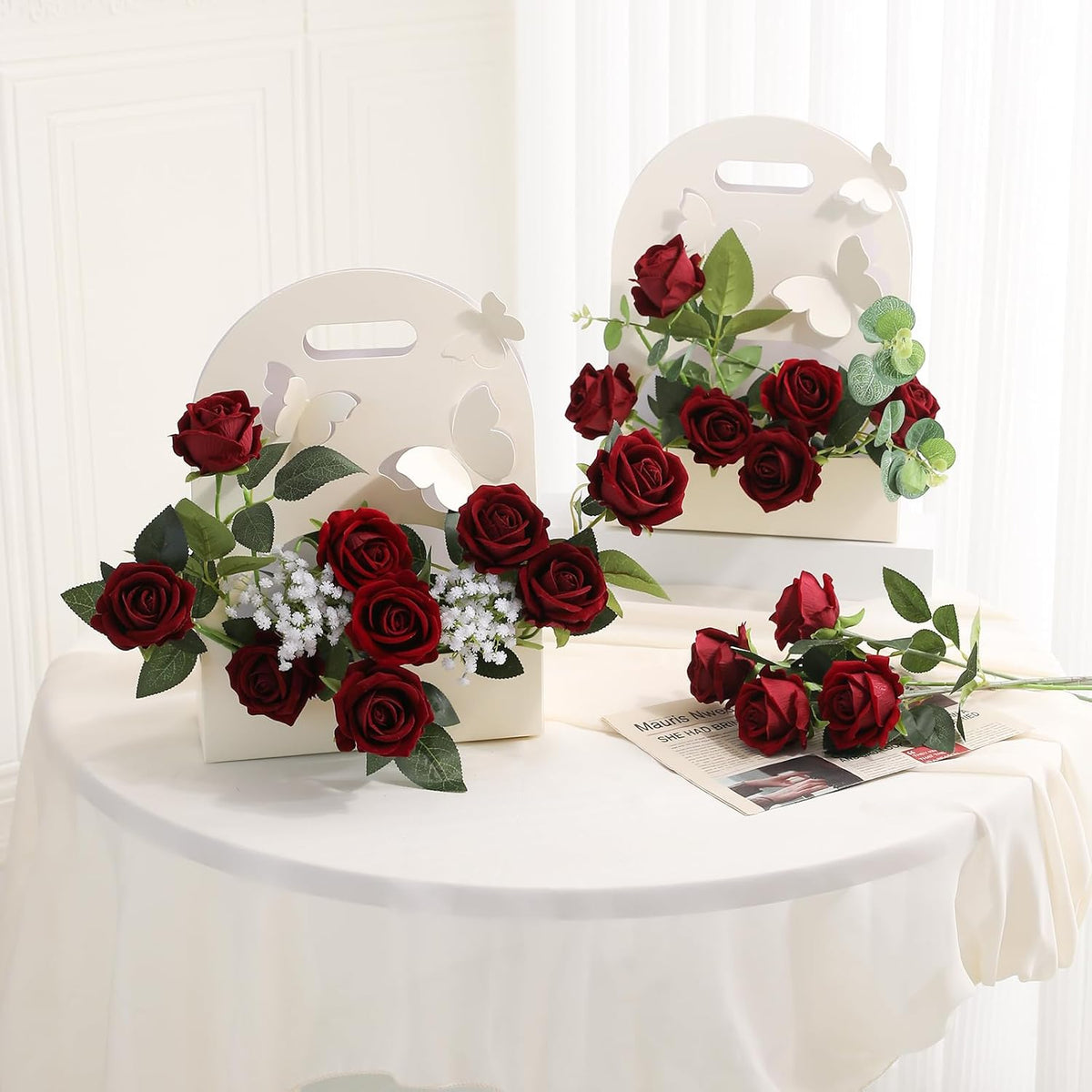 Hawesome 12PCS Artificial Flowers Fake Roses, Realistic Velvet Long Stem Red Roses Bouquet for Wedding Centerpiece Home Decor Party & Valentines (Wine)