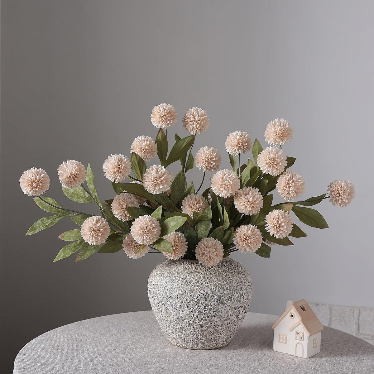 12 Pcs 27" Faux Silk Pompon Mum Artificial Flowers for Vase, Beige Bulk Fake Chrysanth Branches